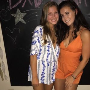 Blue and white patterned kimono romper